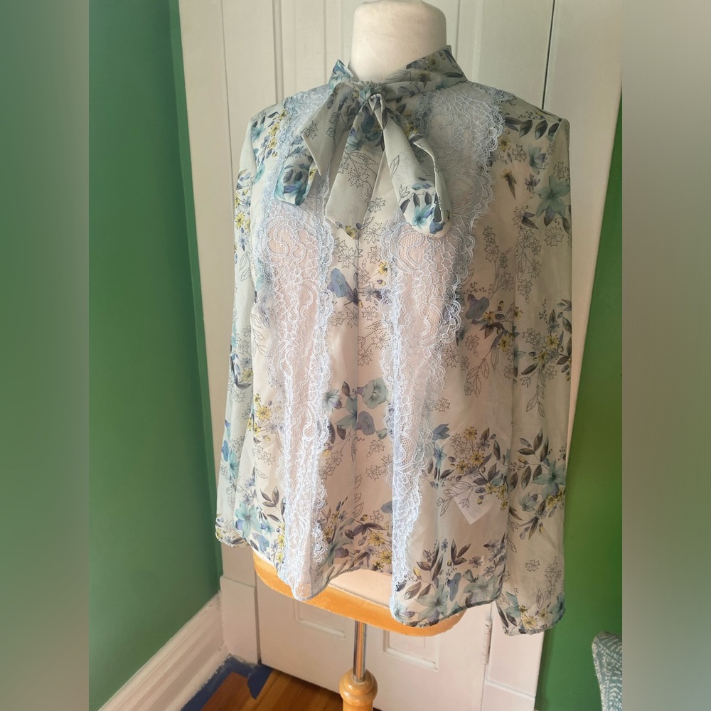 RED Valentino Sheer Floral lace Tie-Neck Blouse in Light Blue
